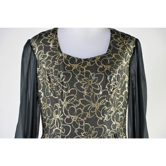 Vintage 1960s Black Gold Floral Printed Dress with Chiffon Long Sleeves Large - Picture 5 of 9